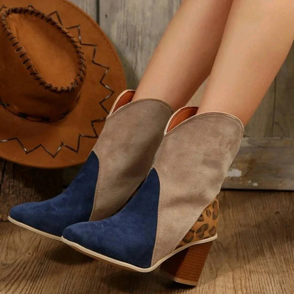 Women's Fashionable Round Toe Slip-On Chunky Heel Mid-Calf Boots - Picture 1 of 6